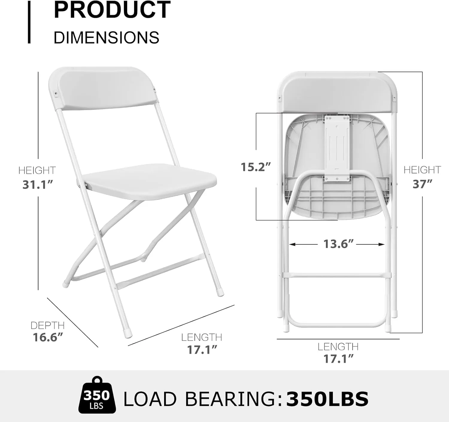 10 Pack White Folding Chairs, Portable Party Chairs, Plastic Folding Chair,Stackable Commercial Seats with Steel Frame for Office Wedding Party Patio Dinning Events, 350lbs Capacity
