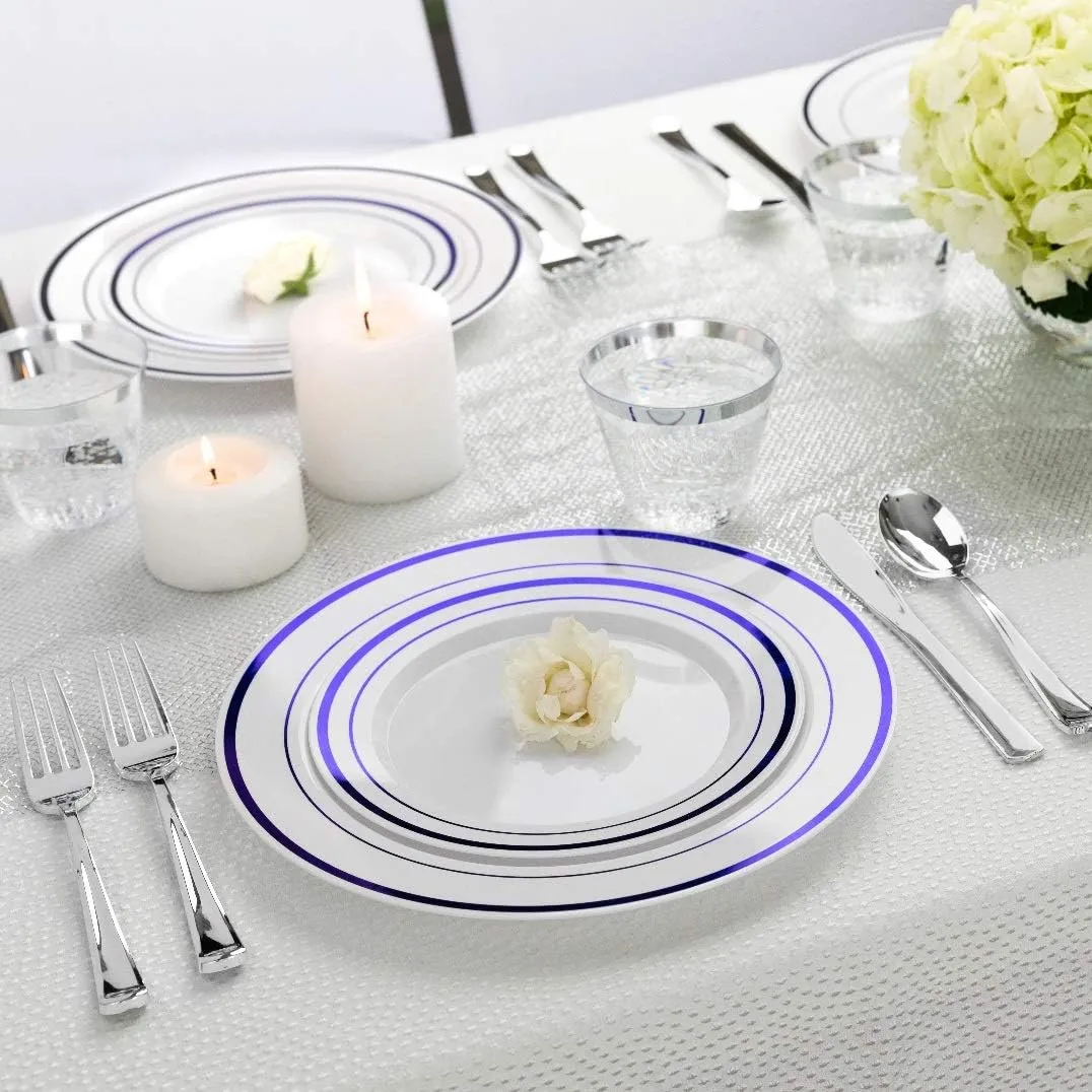 125-Piece White and Blue Fancy Plastic Plates Disposable with Silverware, Elegant Dinnerware for Weddings, Holiday Party China, Set of 25 Dinner   Salad Plates, 25 Spoons, 25 Forks, 25 Knives