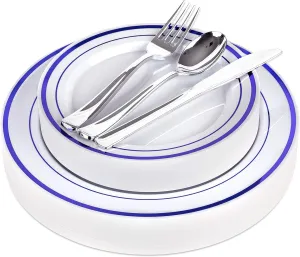 125-Piece White and Blue Fancy Plastic Plates Disposable with Silverware, Elegant Dinnerware for Weddings, Holiday Party China, Set of 25 Dinner   Salad Plates, 25 Spoons, 25 Forks, 25 Knives