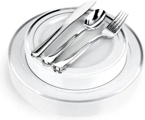 125-Piece White and Silver Fancy Plastic Plates Disposable with Silverware, Elegant Dinnerware for Weddings, Holiday Party China, Set of 25 Dinner   Salad Plates, 25 Spoons, 25 Forks, 25 Knives