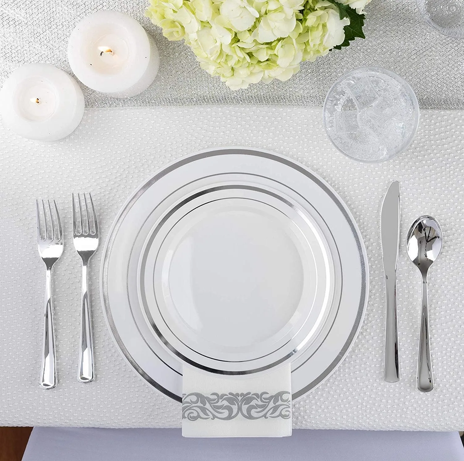 125-Piece White and Silver Fancy Plastic Plates Disposable with Silverware, Elegant Dinnerware for Weddings, Holiday Party China, Set of 25 Dinner   Salad Plates, 25 Spoons, 25 Forks, 25 Knives