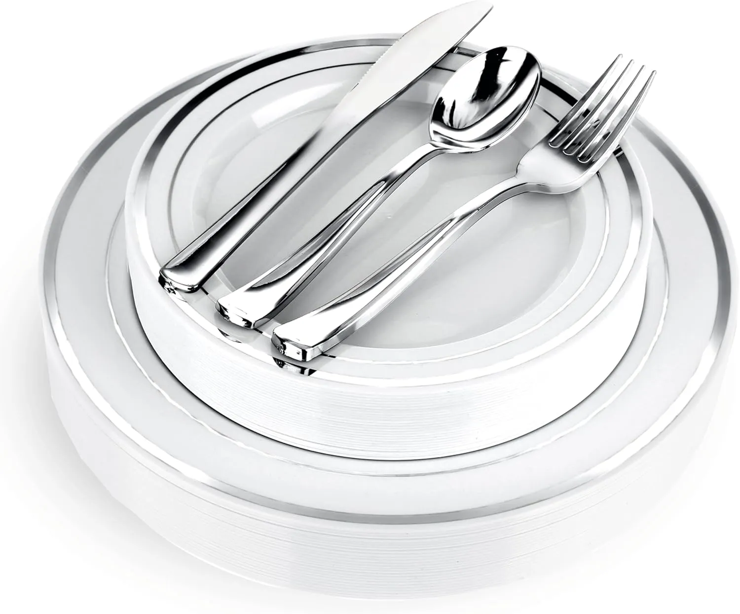 125-Piece White and Silver Fancy Plastic Plates Disposable with Silverware, Elegant Dinnerware for Weddings, Holiday Party China, Set of 25 Dinner   Salad Plates, 25 Spoons, 25 Forks, 25 Knives