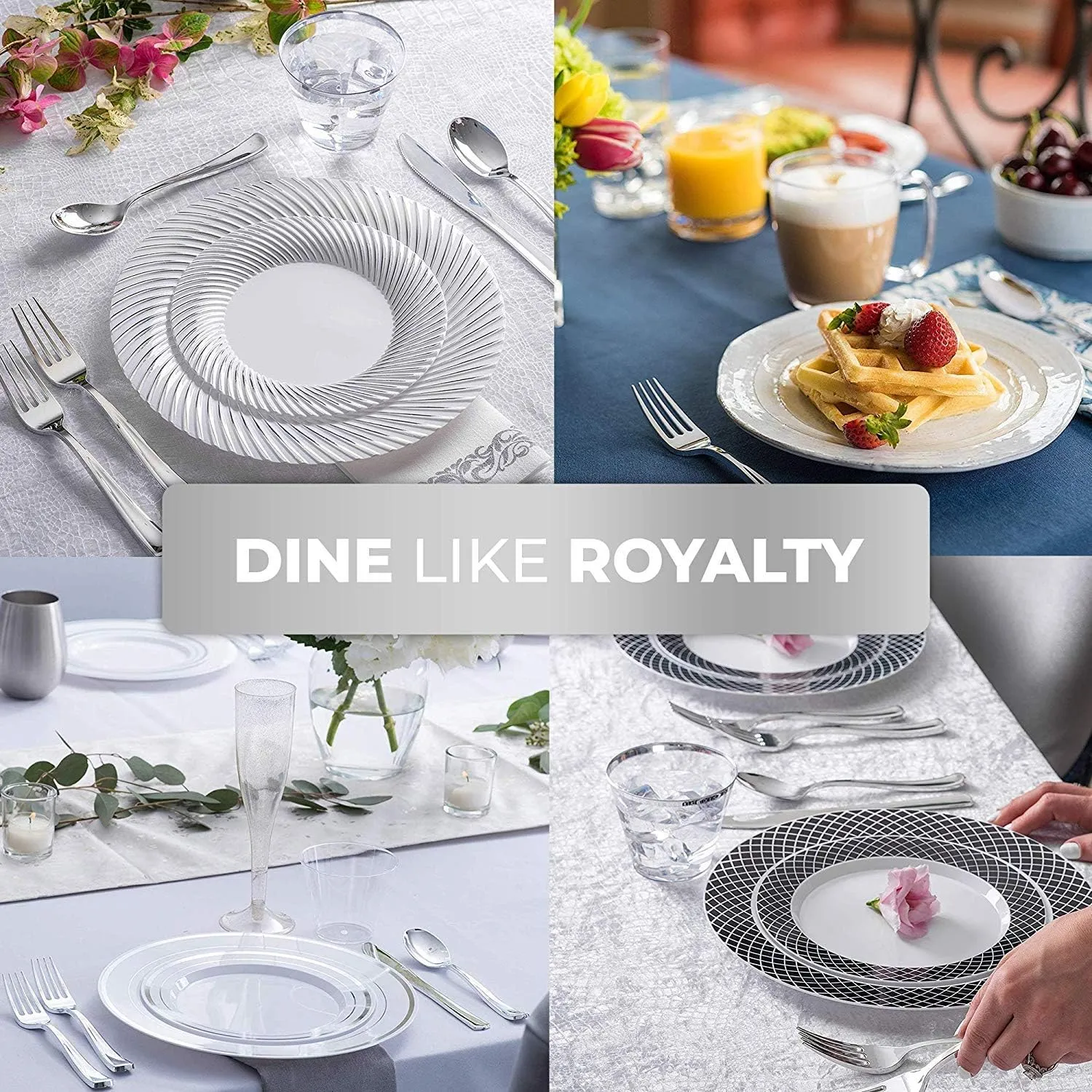 125-Piece White and Silver Fancy Plastic Plates Disposable with Silverware, Elegant Dinnerware for Weddings, Holiday Party China, Set of 25 Dinner   Salad Plates, 25 Spoons, 25 Forks, 25 Knives