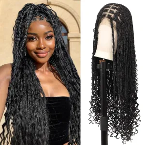 13x8 HD Lace Front Braided Wigs Knotless Boho Braided Wigs for Women Box Braid Wig With Baby Hair Synthetic Hair Long Braids Lace Front Wig 36 Inch Black