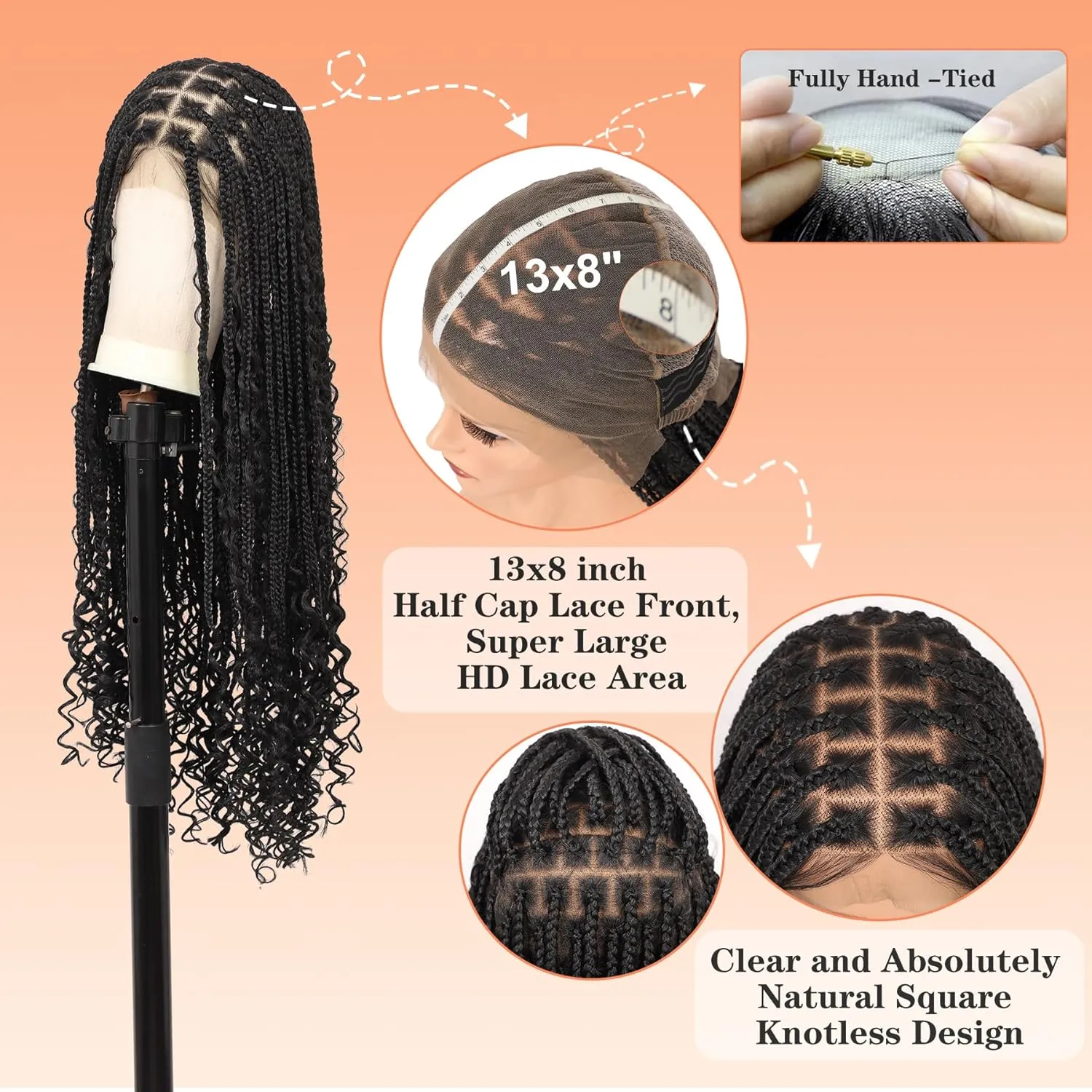 13x8 HD Lace Front Braided Wigs Knotless Boho Braided Wigs for Women Box Braid Wig With Baby Hair Synthetic Hair Long Braids Lace Front Wig 36 Inch Black