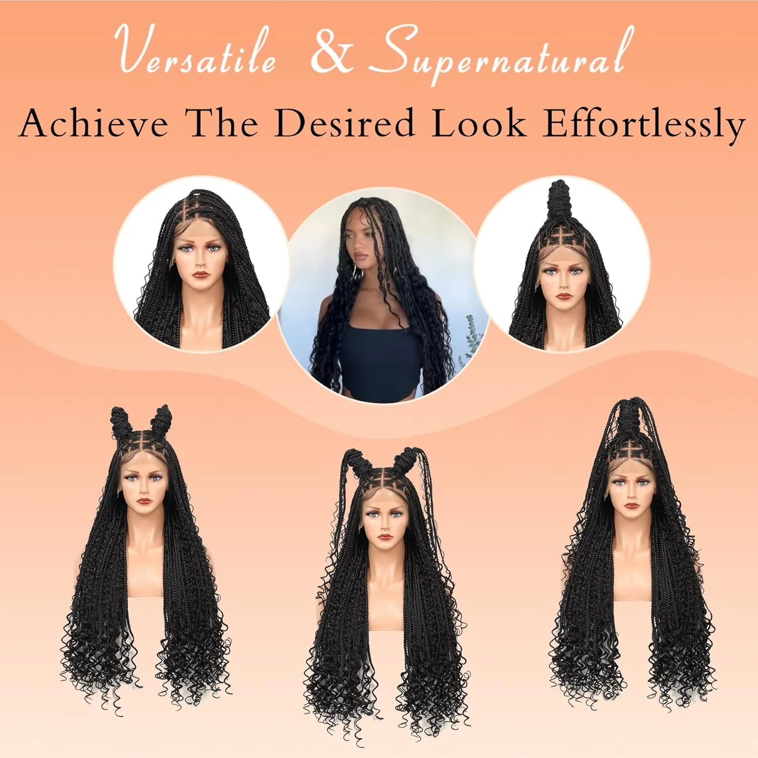 13x8 HD Lace Front Braided Wigs Knotless Boho Braided Wigs for Women Box Braid Wig With Baby Hair Synthetic Hair Long Braids Lace Front Wig 36 Inch Black