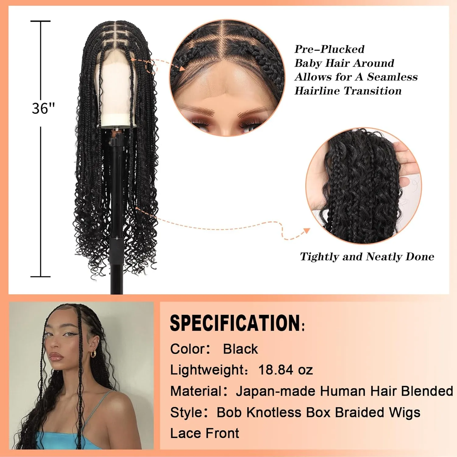 13x8 HD Lace Front Braided Wigs Knotless Boho Braided Wigs for Women Box Braid Wig With Baby Hair Synthetic Hair Long Braids Lace Front Wig 36 Inch Black