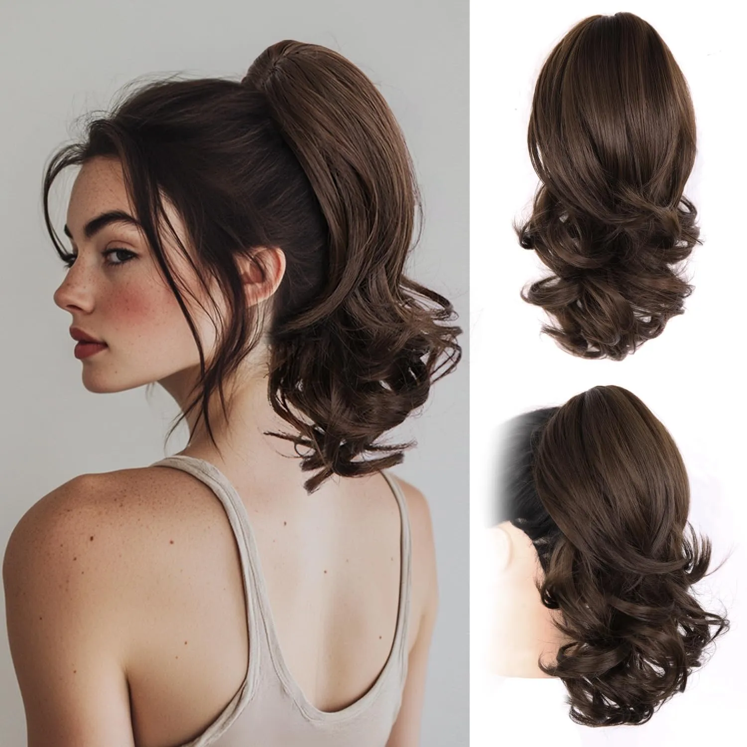 14 Inch Ponytail Extension - Clip in Ponytail Hair Extensions, Curly Wavy Pony Tails Hair Extensions, Synthetic Claw Clip Ponytail Extension for Women (Color: Chocolate Brown)