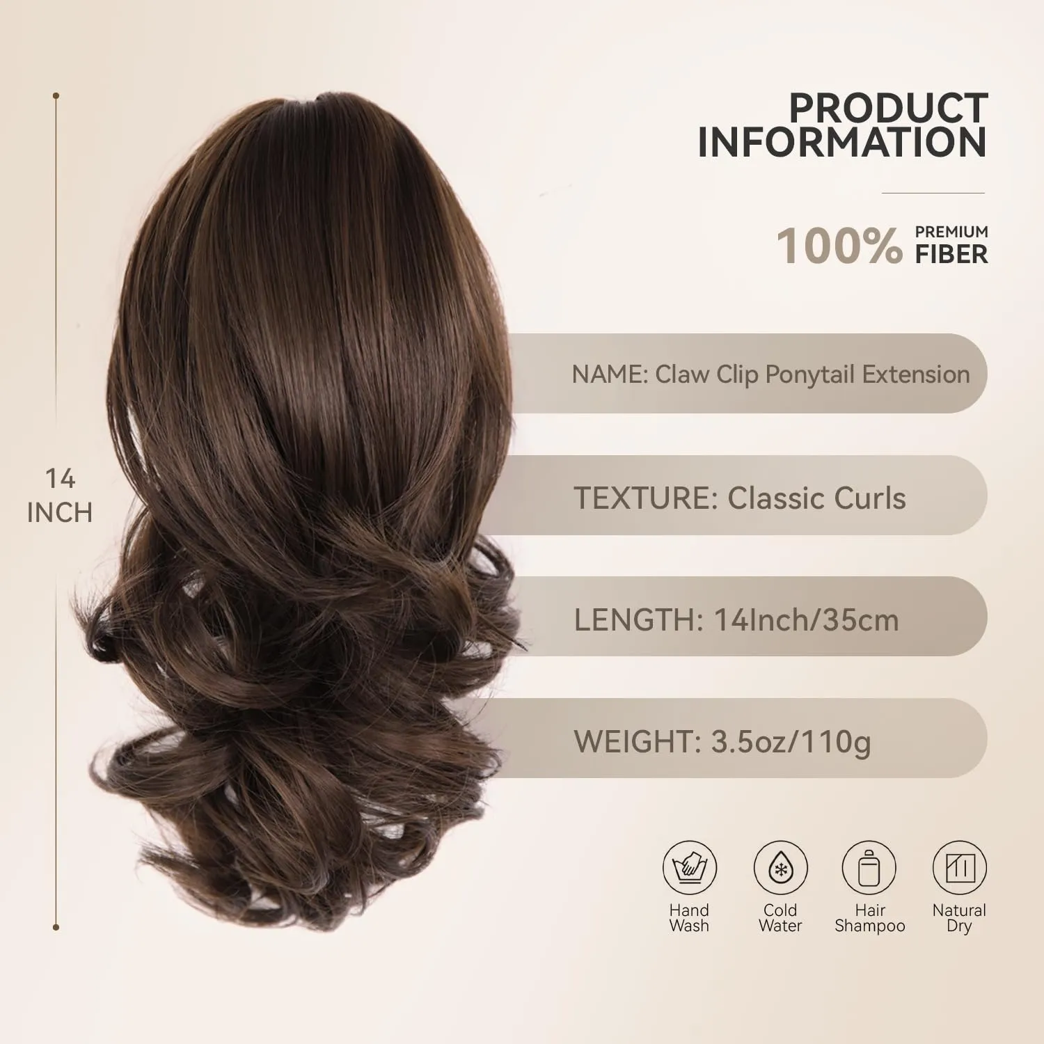 14 Inch Ponytail Extension - Clip in Ponytail Hair Extensions, Curly Wavy Pony Tails Hair Extensions, Synthetic Claw Clip Ponytail Extension for Women (Color: Chocolate Brown)