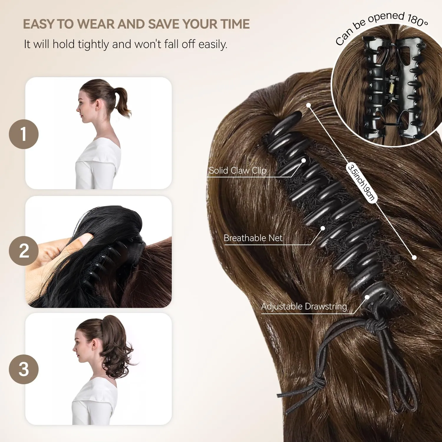 14 Inch Ponytail Extension - Clip in Ponytail Hair Extensions, Curly Wavy Pony Tails Hair Extensions, Synthetic Claw Clip Ponytail Extension for Women (Color: Chocolate Brown)