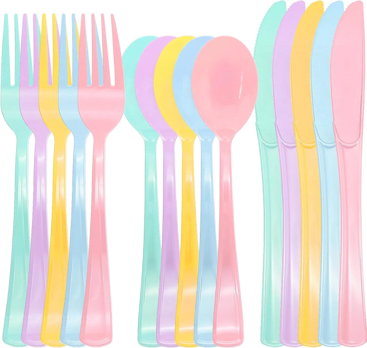 150 Pcs Pastel Plastic Silverware Heavy Duty Iridescent Utensils Plastic Pastel Silverware Disposable Includes 50 Forks 50 Knives 50 Spoons for Easter, Birthday, Baby Shower, Garden Party, Wedding