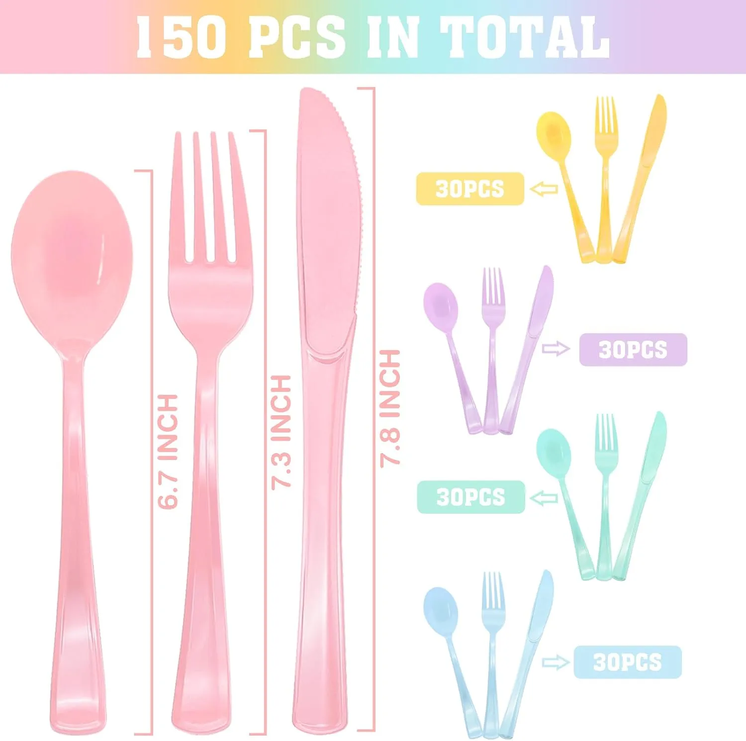 150 Pcs Pastel Plastic Silverware Heavy Duty Iridescent Utensils Plastic Pastel Silverware Disposable Includes 50 Forks 50 Knives 50 Spoons for Easter, Birthday, Baby Shower, Garden Party, Wedding