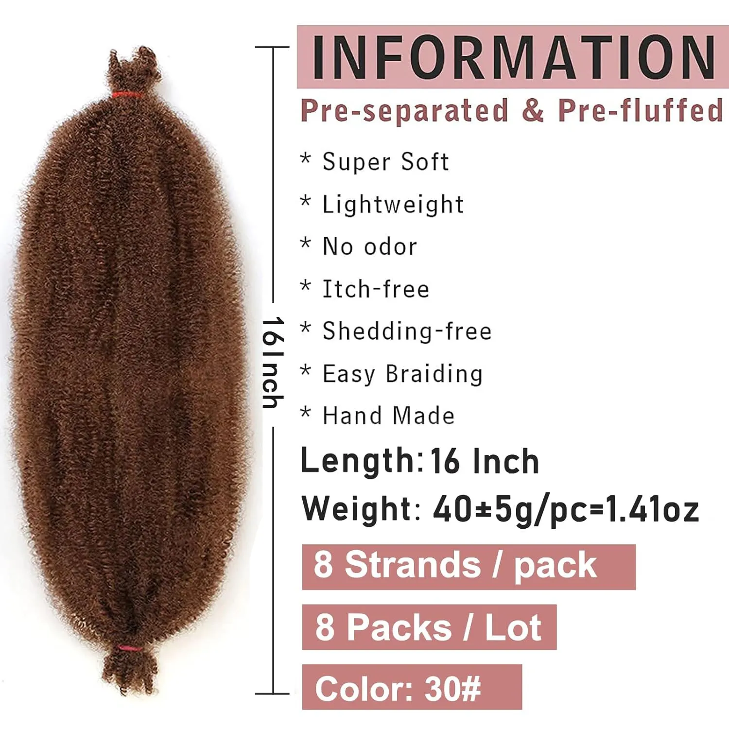 16 Inch Soft Springy Afro Twist Braiding Hair 8 Packs Pre-Separated Spring Twsit For Faux Locs Honey Brown Marley Twist Afro Crochet Braids Synthetic Hair Extension For Women (8 Strands/Pack，30#)