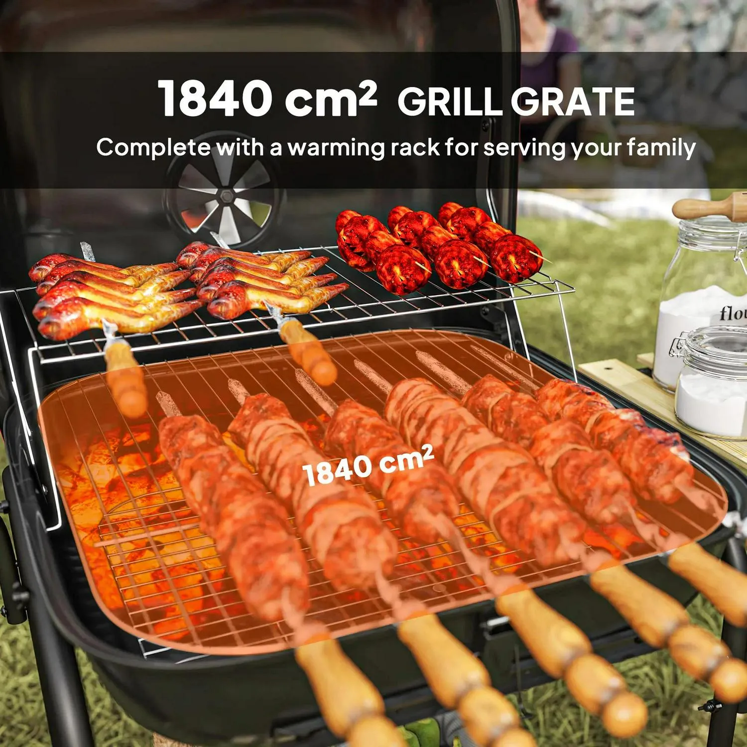 1840 Charcoal Area, Outdoor Cm² Party, Lockable BBQ For Grill Outsunny Cooking Portable Red Voice-controlled Customer-approved Barbecue With Lid, Shelves, Garden Wheels Vent, 3 Adjustable