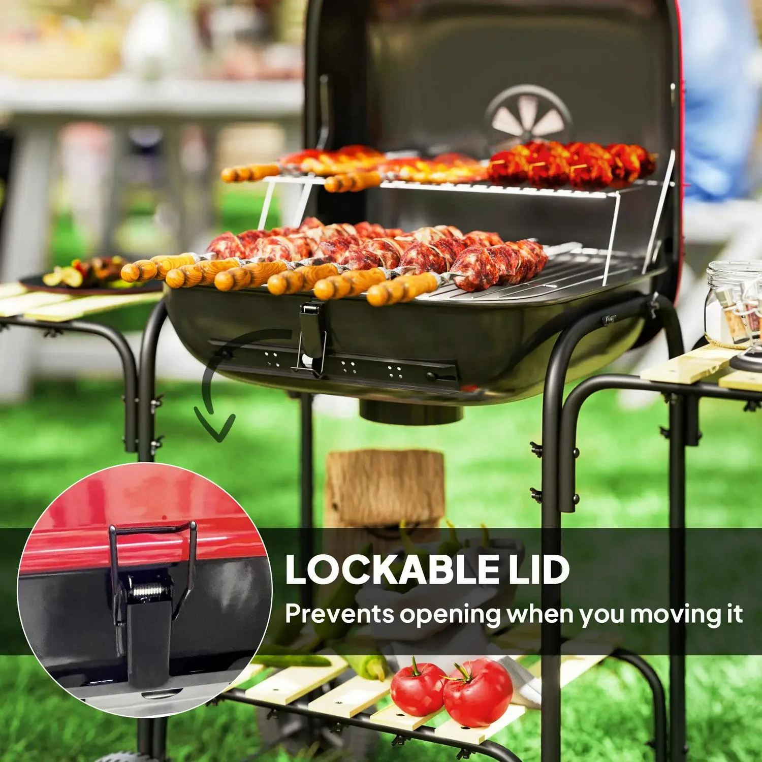 1840 Charcoal Area, Outdoor Cm² Party, Lockable BBQ For Grill Outsunny Cooking Portable Red Voice-controlled Customer-approved Barbecue With Lid, Shelves, Garden Wheels Vent, 3 Adjustable
