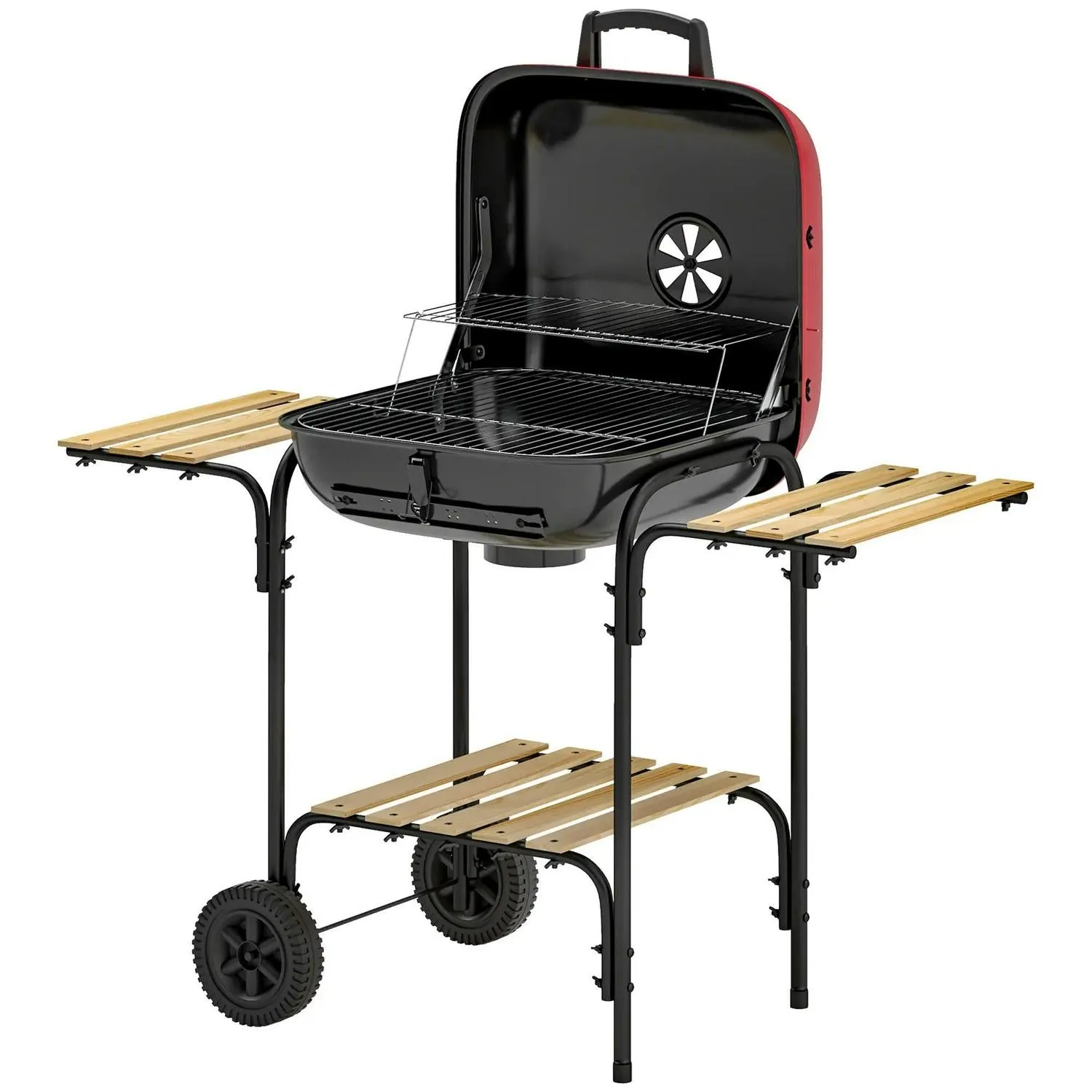 1840 Charcoal Area, Outdoor Cm² Party, Lockable BBQ For Grill Outsunny Cooking Portable Red Voice-controlled Customer-approved Barbecue With Lid, Shelves, Garden Wheels Vent, 3 Adjustable