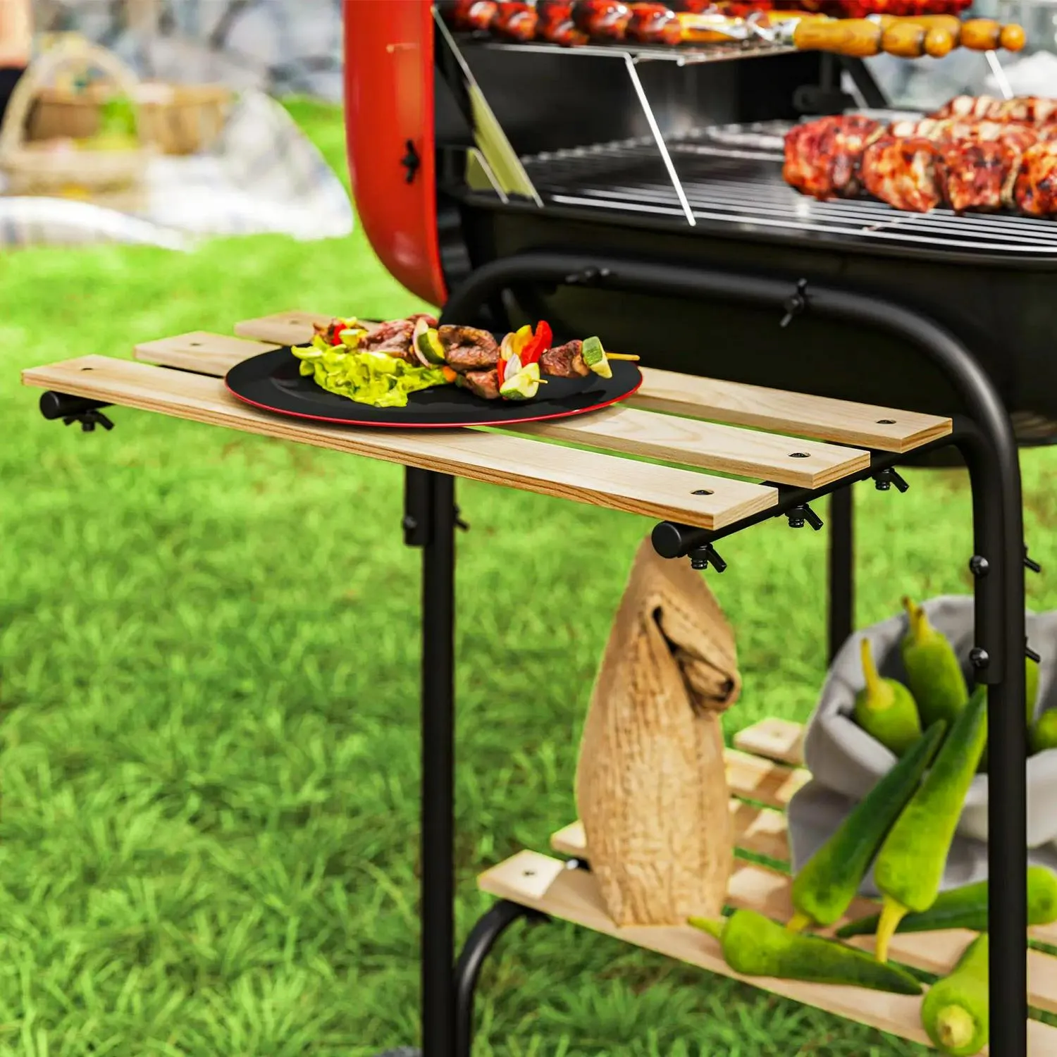 1840 Charcoal Area, Outdoor Cm² Party, Lockable BBQ For Grill Outsunny Cooking Portable Red Voice-controlled Customer-approved Barbecue With Lid, Shelves, Garden Wheels Vent, 3 Adjustable