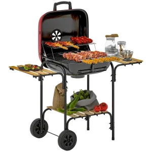 1840 Charcoal Area, Outdoor Cm² Party, Lockable BBQ For Grill Outsunny Cooking Portable Red Voice-controlled Customer-approved Barbecue With Lid, Shelves, Garden Wheels Vent, 3 Adjustable