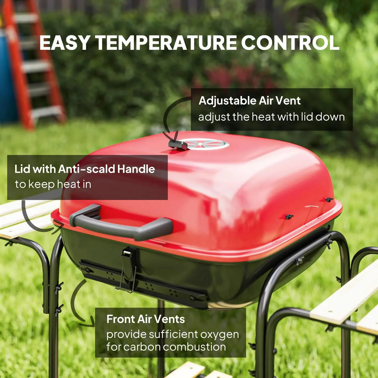 1840 Charcoal Area, Outdoor Cm² Party, Lockable BBQ For Grill Outsunny Cooking Portable Red Voice-controlled Customer-approved Barbecue With Lid, Shelves, Garden Wheels Vent, 3 Adjustable
