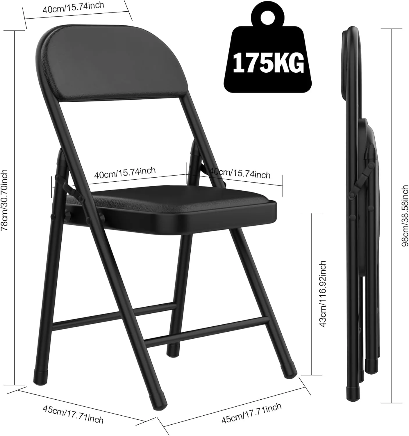 2 Pack Black Folding Chairs with Padded Cushion, Portable Stackable Foldable Chair for Indoor Outdoor, Commercial Seat with Metal Frame for Home Office Events Wedding Party (2, Black)
