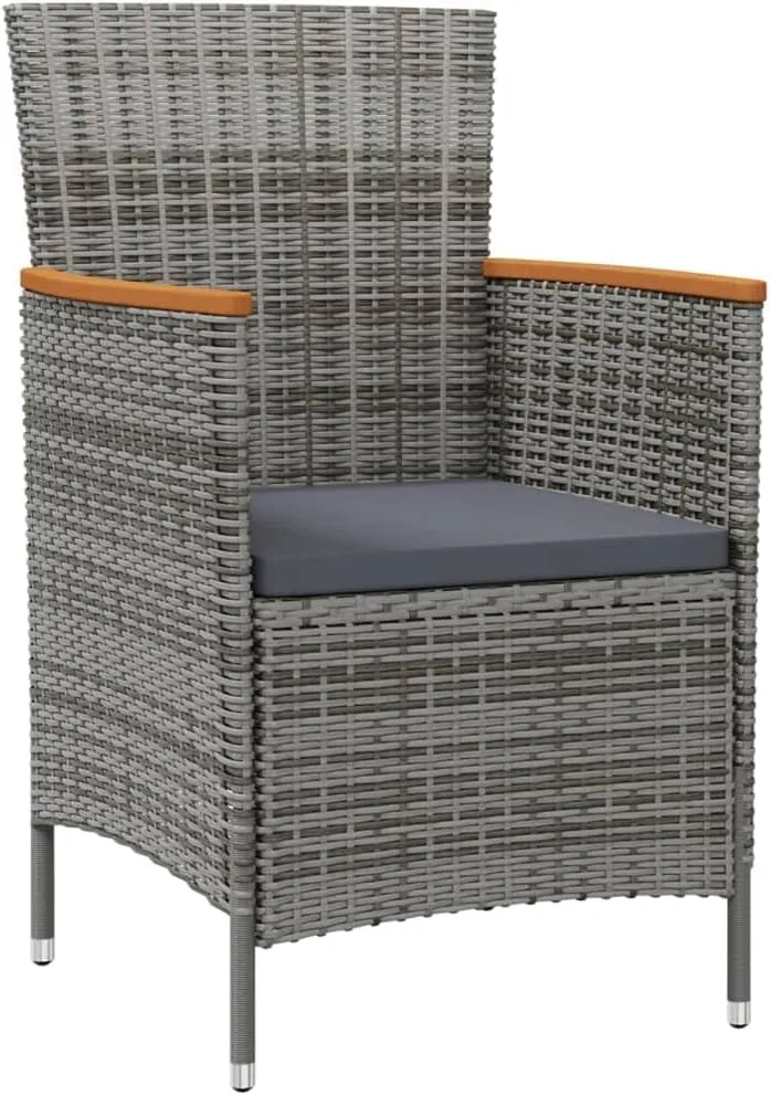 2-Piece Gray Poly Rattan Outdoor Dining Chairs with Cushions, Acacia Wood Armrests & Steel Frame Patio Furniture for Garden, Poolside, Backyard