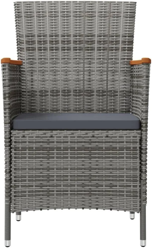 2-Piece Gray Poly Rattan Outdoor Dining Chairs with Cushions, Acacia Wood Armrests & Steel Frame Patio Furniture for Garden, Poolside, Backyard