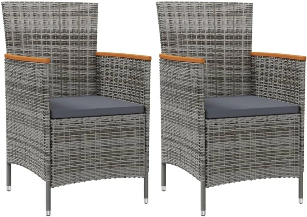 2-Piece Gray Poly Rattan Outdoor Dining Chairs with Cushions, Acacia Wood Armrests & Steel Frame Patio Furniture for Garden, Poolside, Backyard