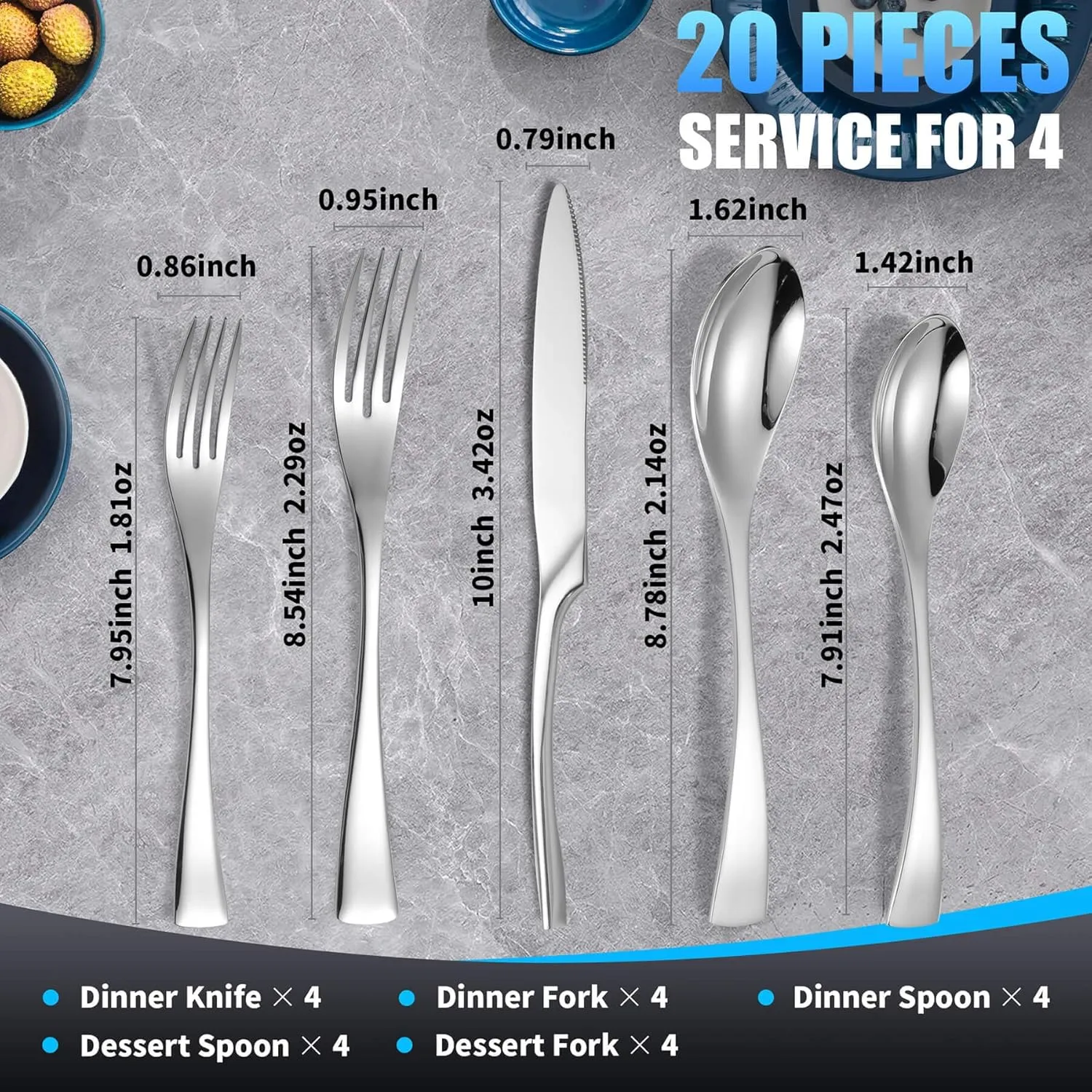 20-Piece Silverware Set for 4,Heavy Duty 18/10 Stainless Steel Cutlery Set with Forged Stand Knife,Modern Flatware Utensils Set,Forks Spoons and Knives Set,Mirror Polished,Dishwasher Safe