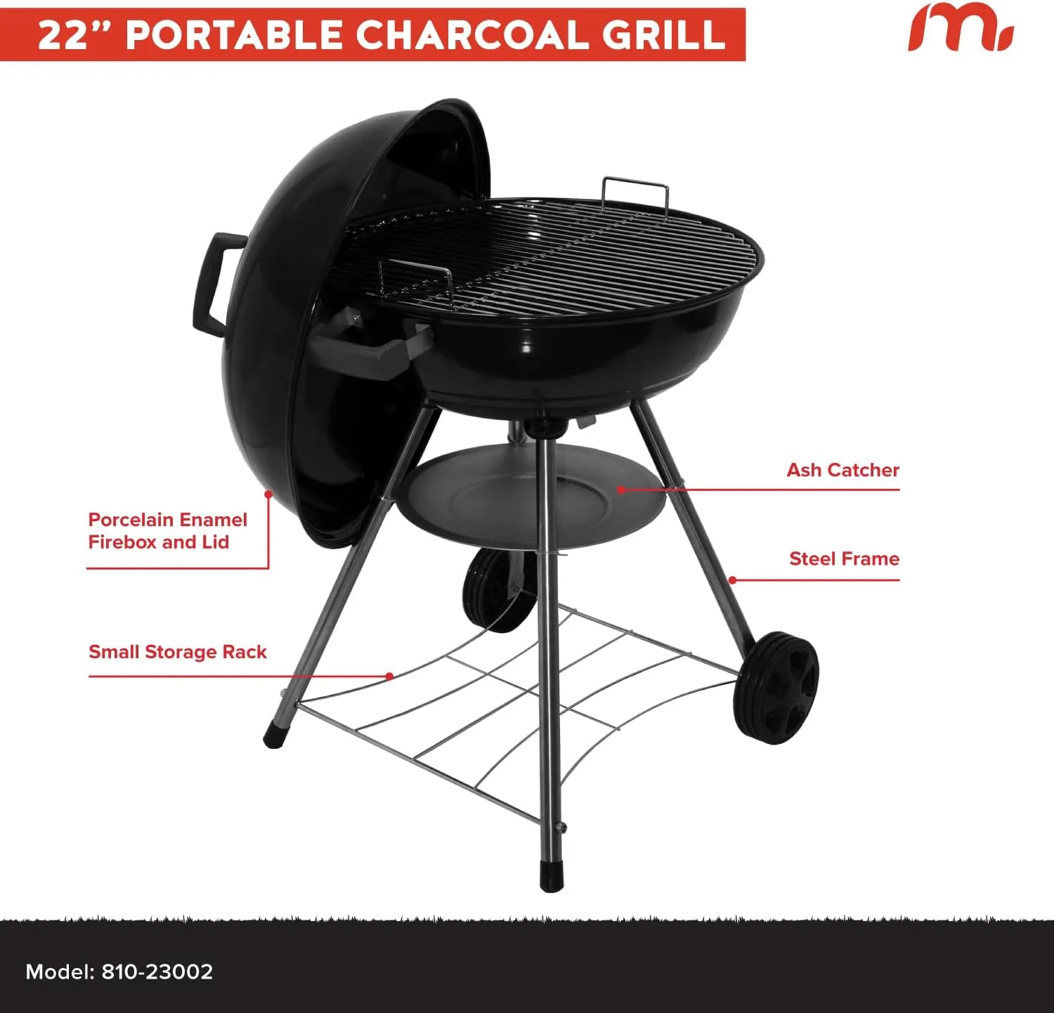 22" Heavy Duty Charcoal Barbecue Grill with Adjustable Air Vent, 354 SQ. In Cooking Area, Storage Rack, 2 Wheeled Portable Grill for Camping, Outdoor Cooking, and More - 810-23002