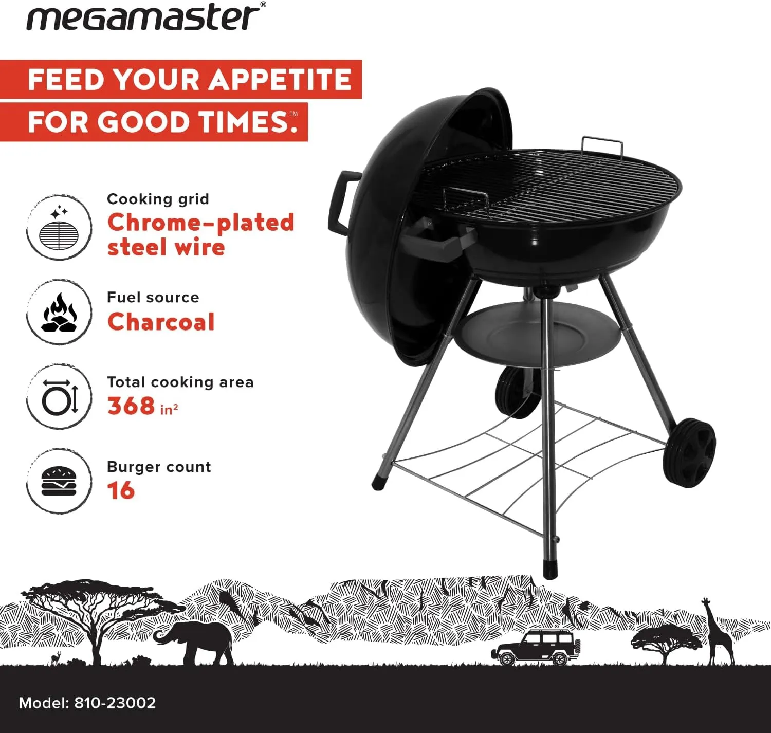 22" Heavy Duty Charcoal Barbecue Grill with Adjustable Air Vent, 354 SQ. In Cooking Area, Storage Rack, 2 Wheeled Portable Grill for Camping, Outdoor Cooking, and More - 810-23002