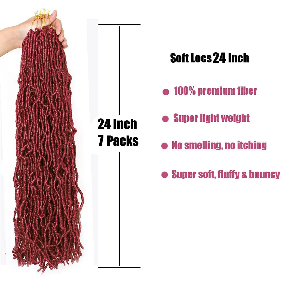 24 Inch 7 Packs Soft Locs Crochet Hair Red Color BUG Burgundy New Faux Locs Pre-looped Super Lightweight Synthetic Hair Braids For Black Women (24inch, 7packs, BUG)