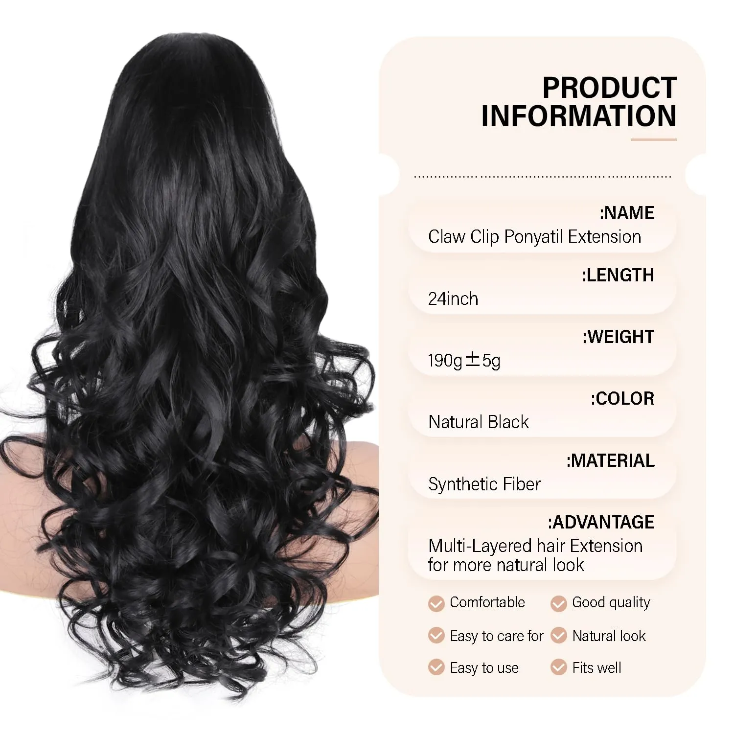 24 Inch Black Ponytail Extension, Layered Pony Tail Clip on Hair Extension, Soft Wavy Claw Clip in Ponytail Extension, Natural Synthetic Hair Pieces for Women (Color: Black)