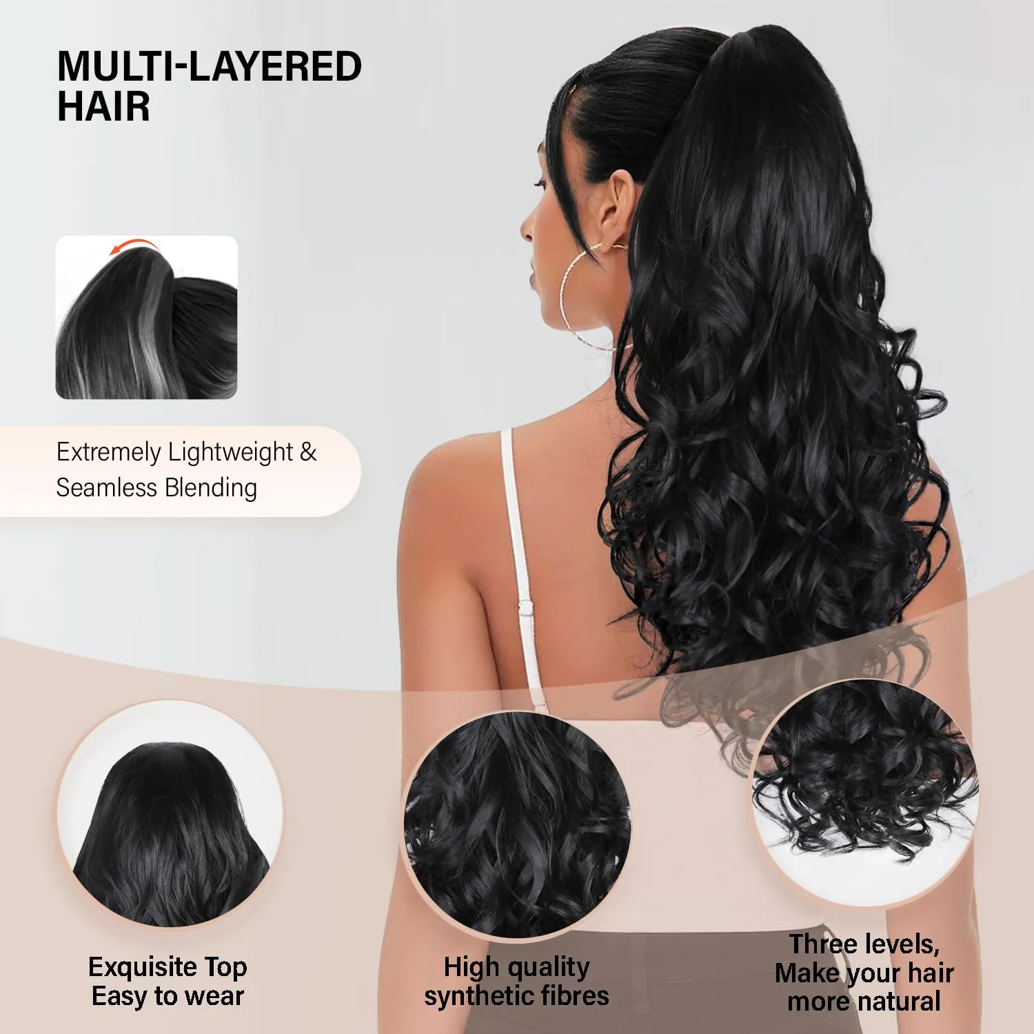 24 Inch Black Ponytail Extension, Layered Pony Tail Clip on Hair Extension, Soft Wavy Claw Clip in Ponytail Extension, Natural Synthetic Hair Pieces for Women (Color: Black)