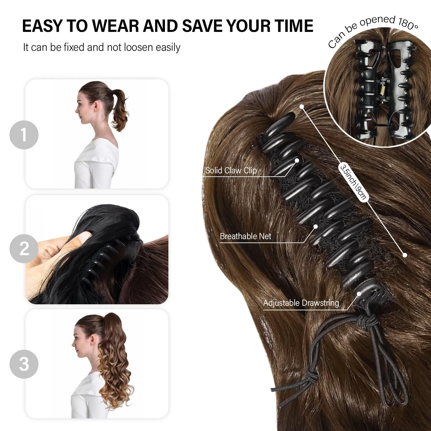 24 Inch Black Ponytail Extension, Layered Pony Tail Clip on Hair Extension, Soft Wavy Claw Clip in Ponytail Extension, Natural Synthetic Hair Pieces for Women (Color: Black)