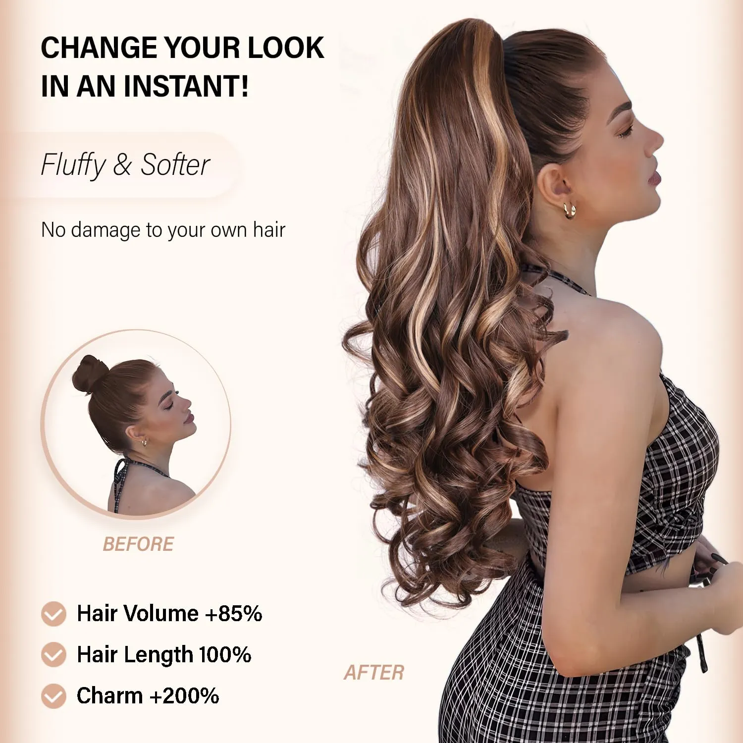 24 Inch Black Ponytail Extension, Layered Pony Tail Clip on Hair Extension, Soft Wavy Claw Clip in Ponytail Extension, Natural Synthetic Hair Pieces for Women (Color: Black)