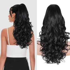24 Inch Black Ponytail Extension, Layered Pony Tail Clip on Hair Extension, Soft Wavy Claw Clip in Ponytail Extension, Natural Synthetic Hair Pieces for Women (Color: Black)