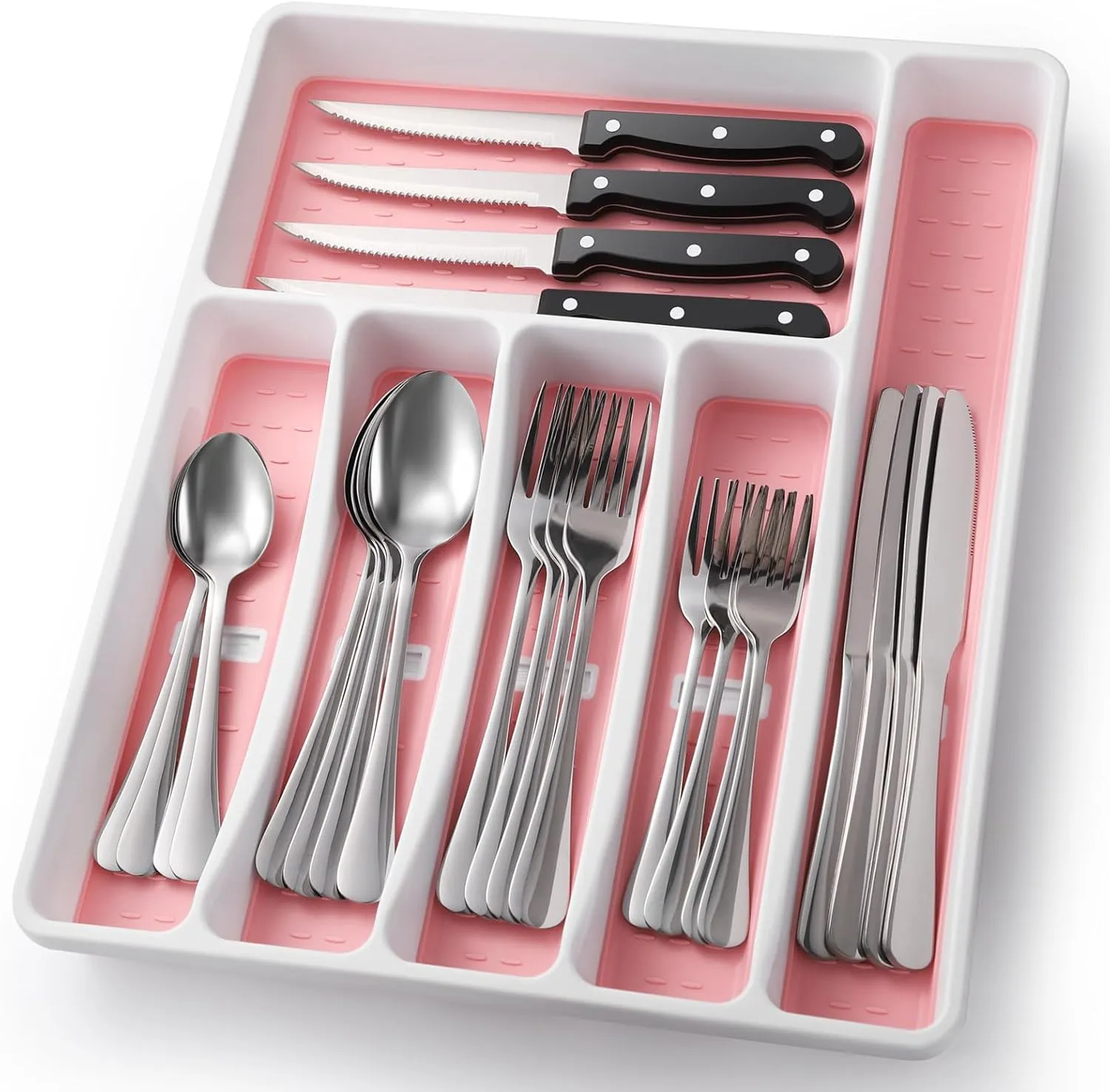 24-Piece Silverware Set with Organizer，Heavy Duty Stainless Steel Flatware Cutlery Tableware Set for 4，Includes 6-Compartment Pink Silverware Tray with Cutlery Icons，Tableware Set with Steak Knives