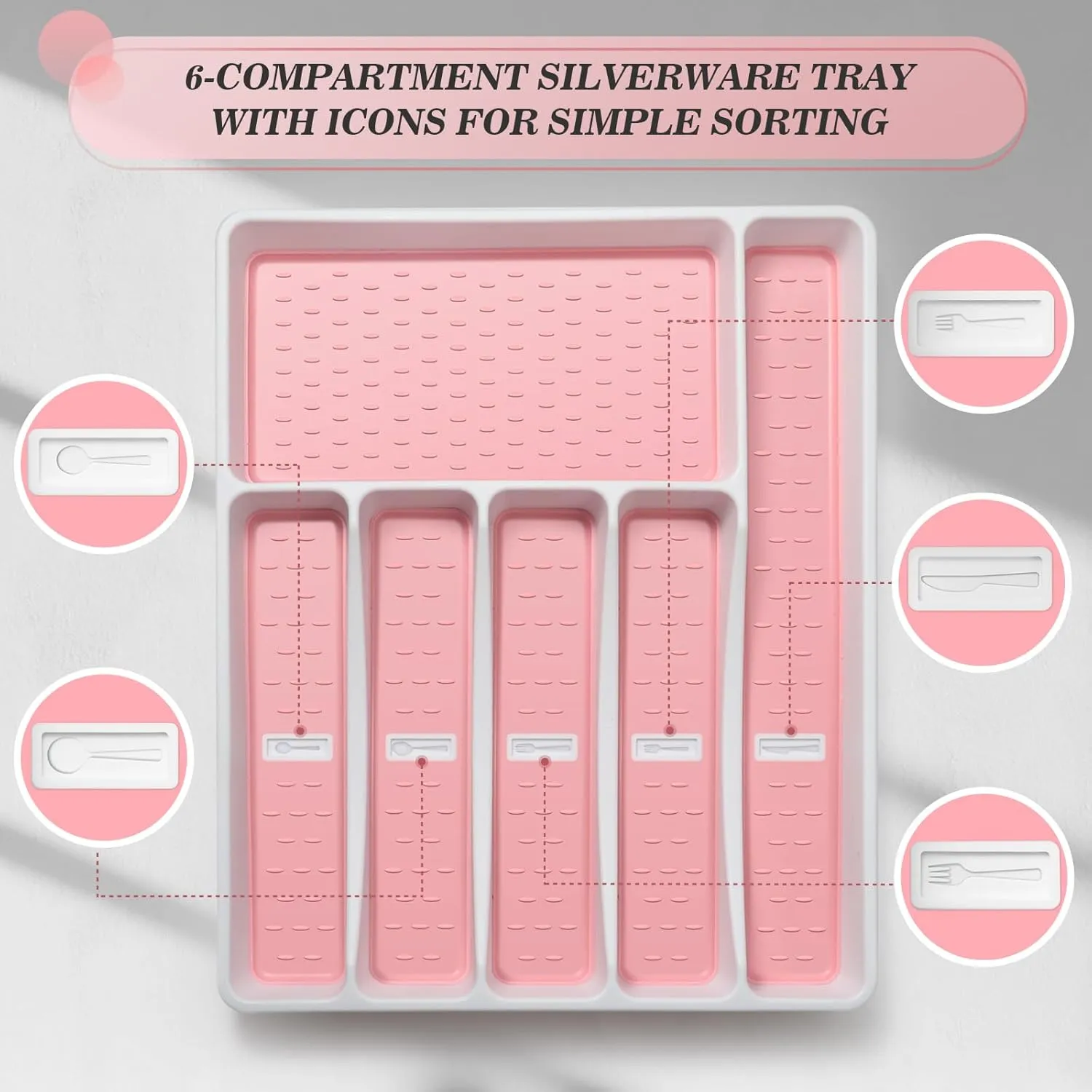 24-Piece Silverware Set with Organizer，Heavy Duty Stainless Steel Flatware Cutlery Tableware Set for 4，Includes 6-Compartment Pink Silverware Tray with Cutlery Icons，Tableware Set with Steak Knives