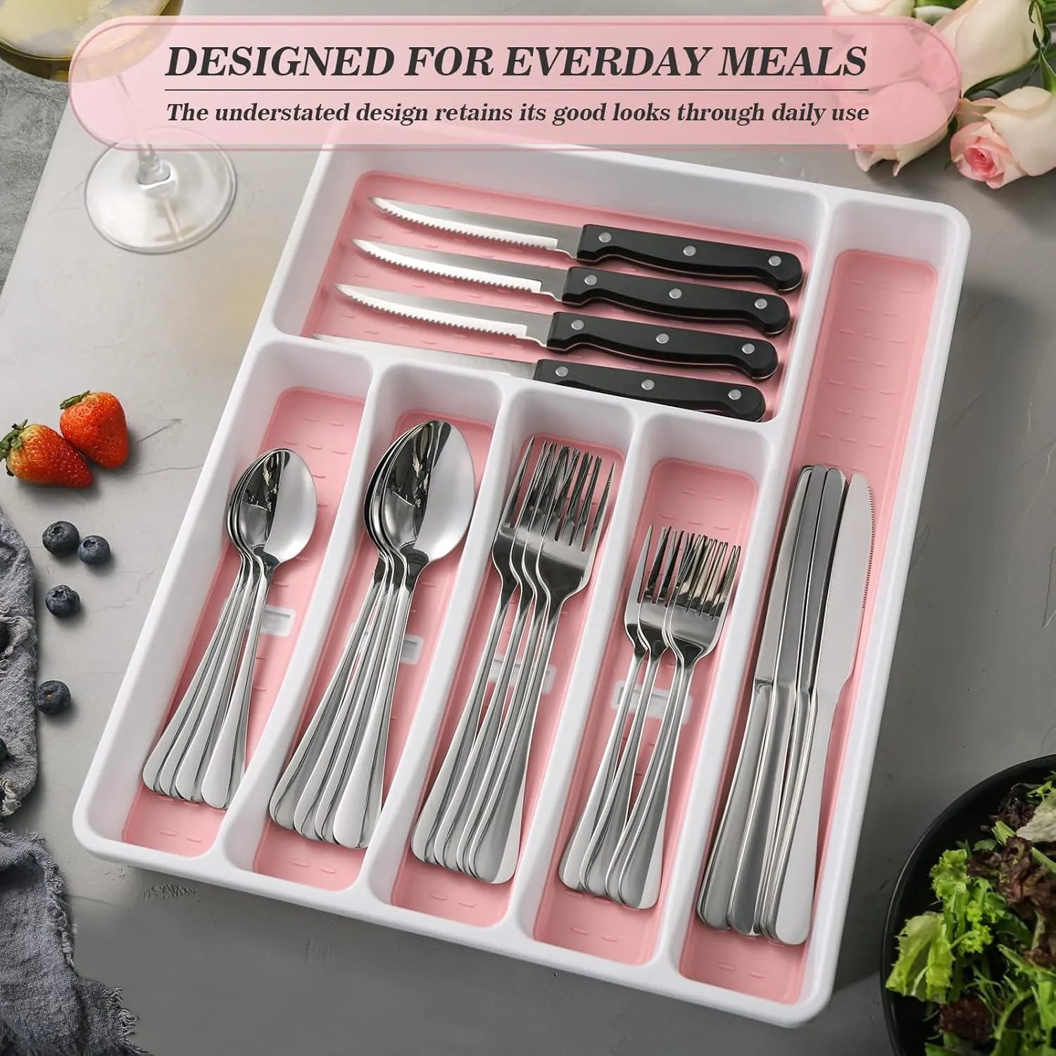 24-Piece Silverware Set with Organizer，Heavy Duty Stainless Steel Flatware Cutlery Tableware Set for 4，Includes 6-Compartment Pink Silverware Tray with Cutlery Icons，Tableware Set with Steak Knives