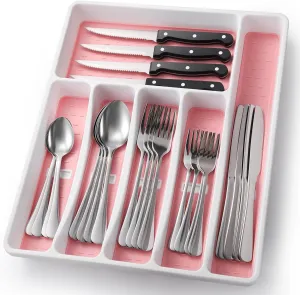 24-Piece Silverware Set with Organizer，Heavy Duty Stainless Steel Flatware Cutlery Tableware Set for 4，Includes 6-Compartment Pink Silverware Tray with Cutlery Icons，Tableware Set with Steak Knives