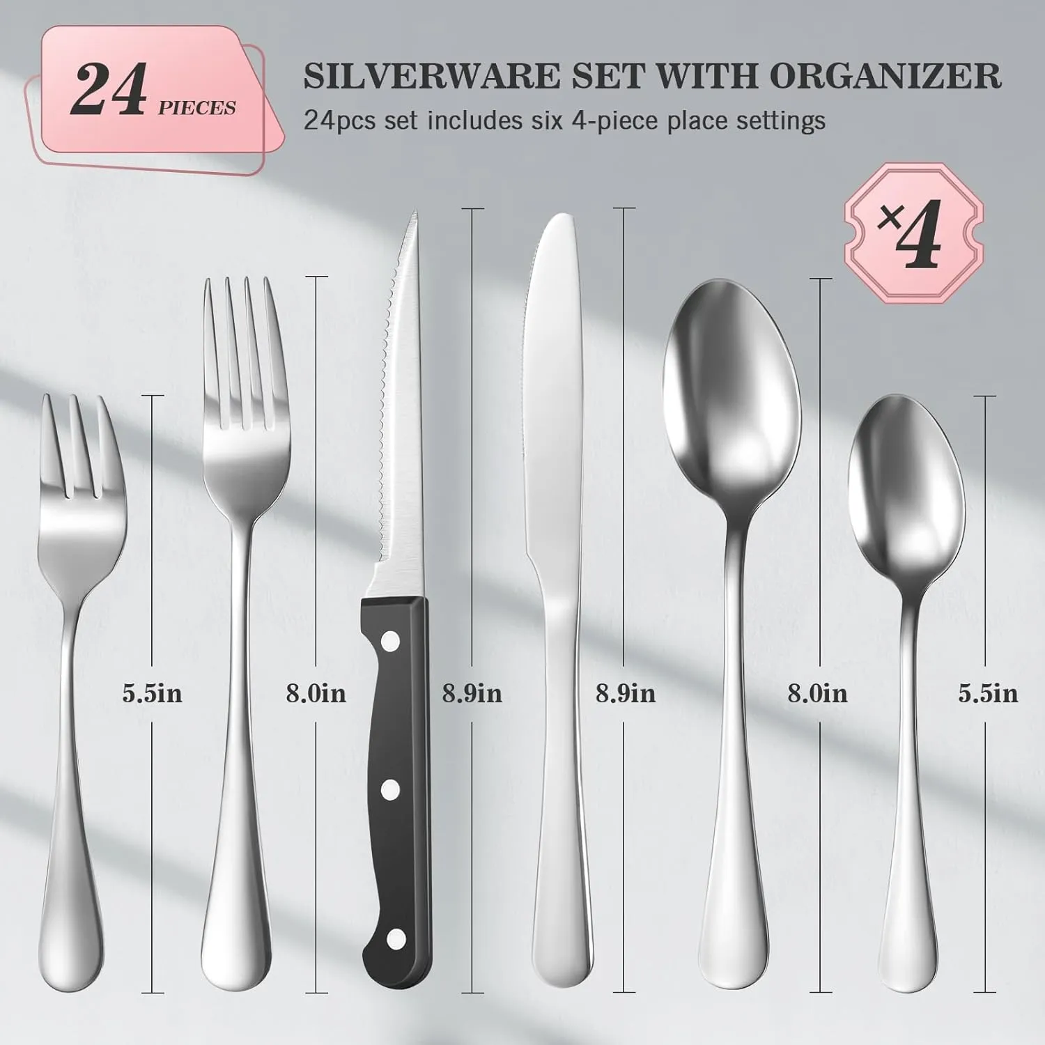 24-Piece Silverware Set with Organizer，Heavy Duty Stainless Steel Flatware Cutlery Tableware Set for 4，Includes 6-Compartment Pink Silverware Tray with Cutlery Icons，Tableware Set with Steak Knives