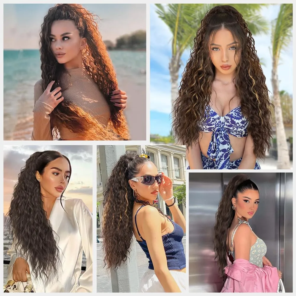 26 Inch Long Brown with Caramel Blonde Drawstring Ponytail Extension for Women Synthetic Long Curly Wavy Clip in Ponytail Hair Extensions for Daily Party Use