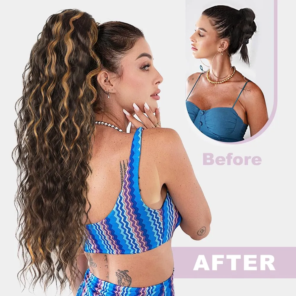 26 Inch Long Brown with Caramel Blonde Drawstring Ponytail Extension for Women Synthetic Long Curly Wavy Clip in Ponytail Hair Extensions for Daily Party Use