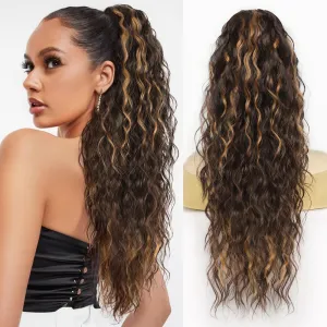26 Inch Long Brown with Caramel Blonde Drawstring Ponytail Extension for Women Synthetic Long Curly Wavy Clip in Ponytail Hair Extensions for Daily Party Use