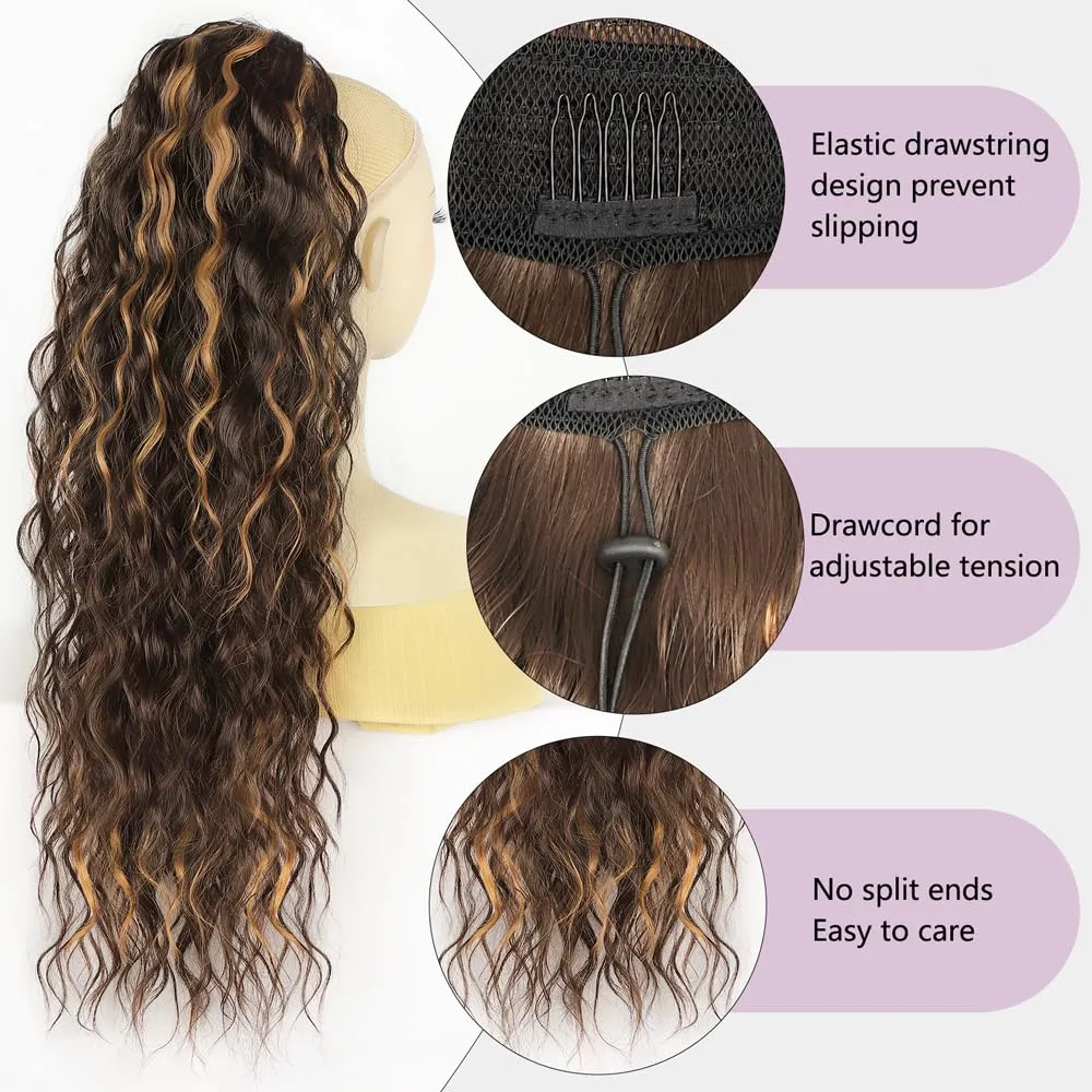 26 Inch Long Brown with Caramel Blonde Drawstring Ponytail Extension for Women Synthetic Long Curly Wavy Clip in Ponytail Hair Extensions for Daily Party Use