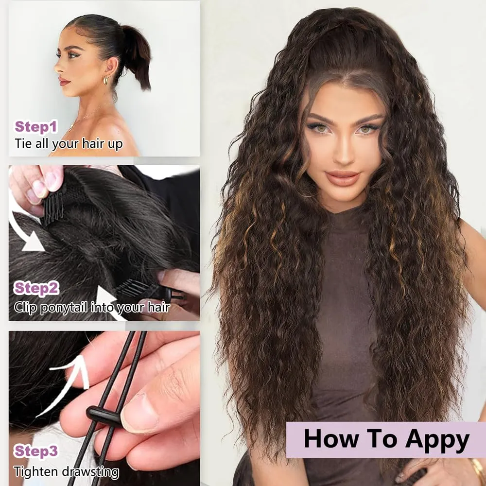 26 Inch Long Brown with Caramel Blonde Drawstring Ponytail Extension for Women Synthetic Long Curly Wavy Clip in Ponytail Hair Extensions for Daily Party Use