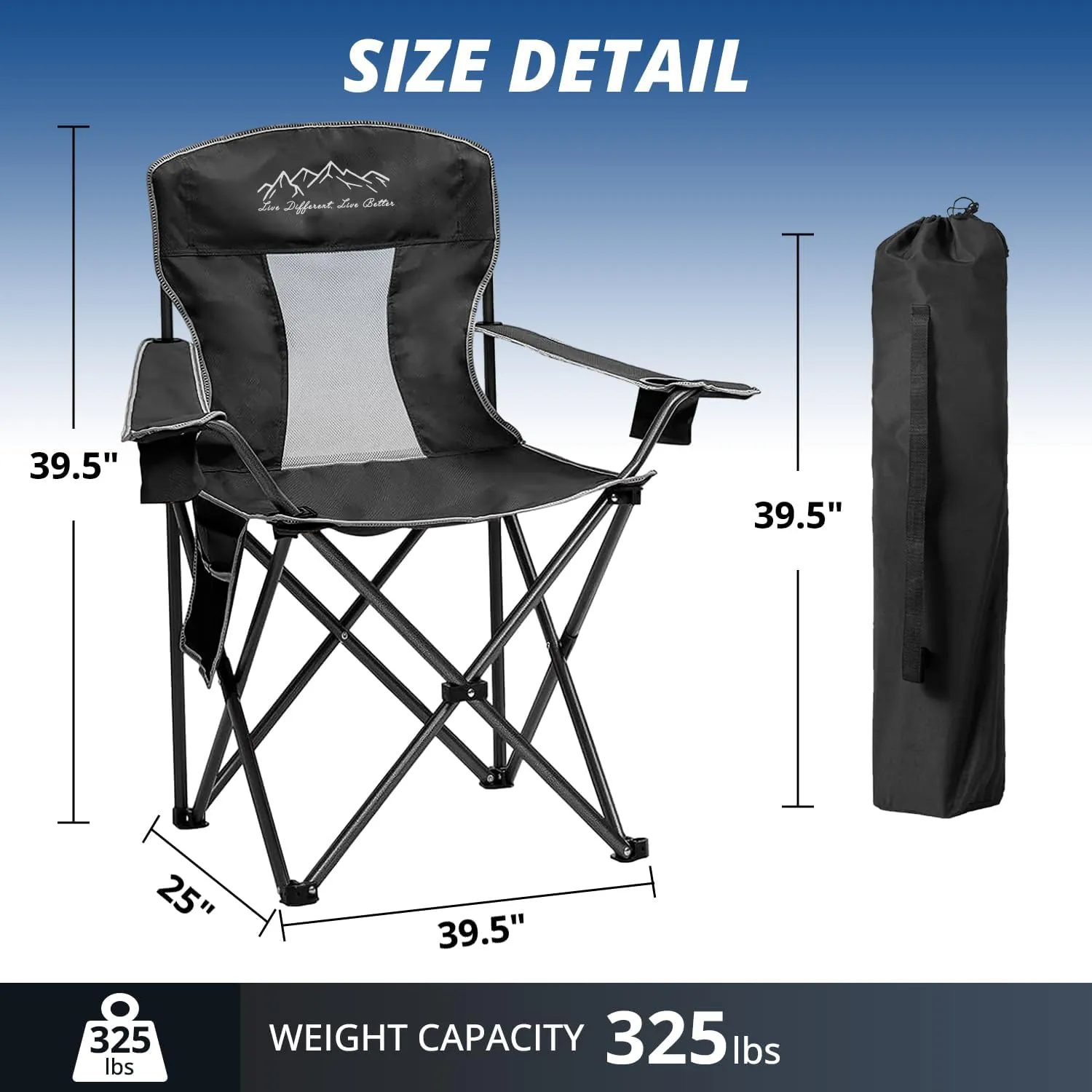 2PCS Mesh Folding Camping Chairs, Oversized Portable Outdoor Chairs, Weight Capacity 325 lbs with Cup Holder, Storage Pocket, Carry Bag Black