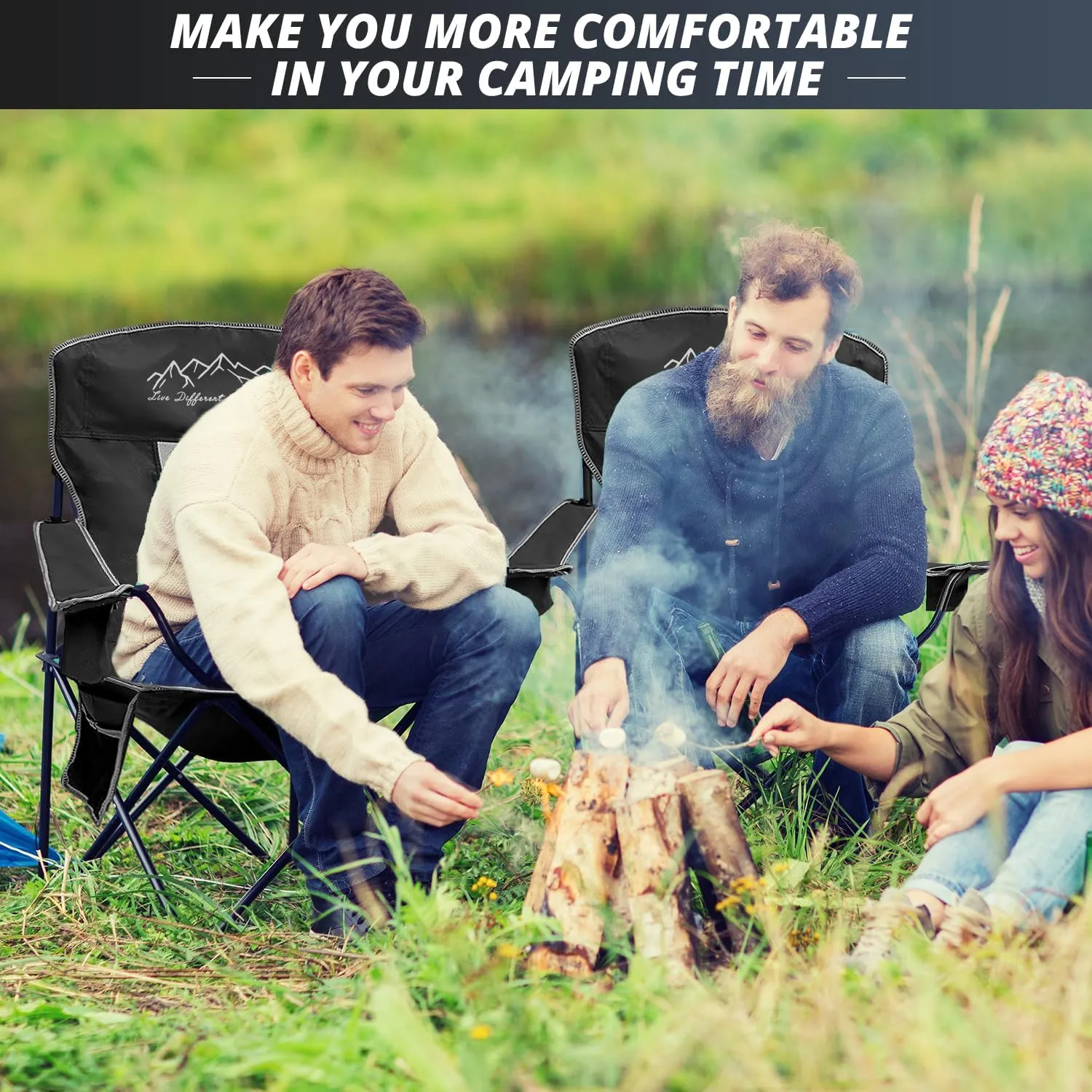 2PCS Mesh Folding Camping Chairs, Oversized Portable Outdoor Chairs, Weight Capacity 325 lbs with Cup Holder, Storage Pocket, Carry Bag Black