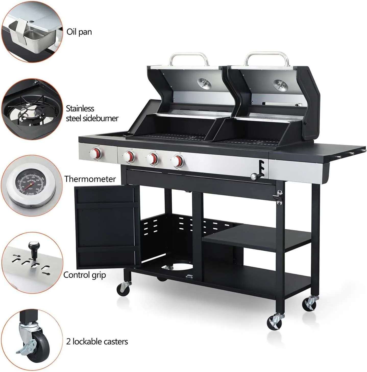 3 Burner Propane Gas and Charcoal Grill Combo with Side Burner & Porcelain-Enameled Cast Iron Grates, 37230BTU Output Dual Fuel Outdoor BBQ Grill for Patio Garden Picnic Backyard Barbecue Cooking