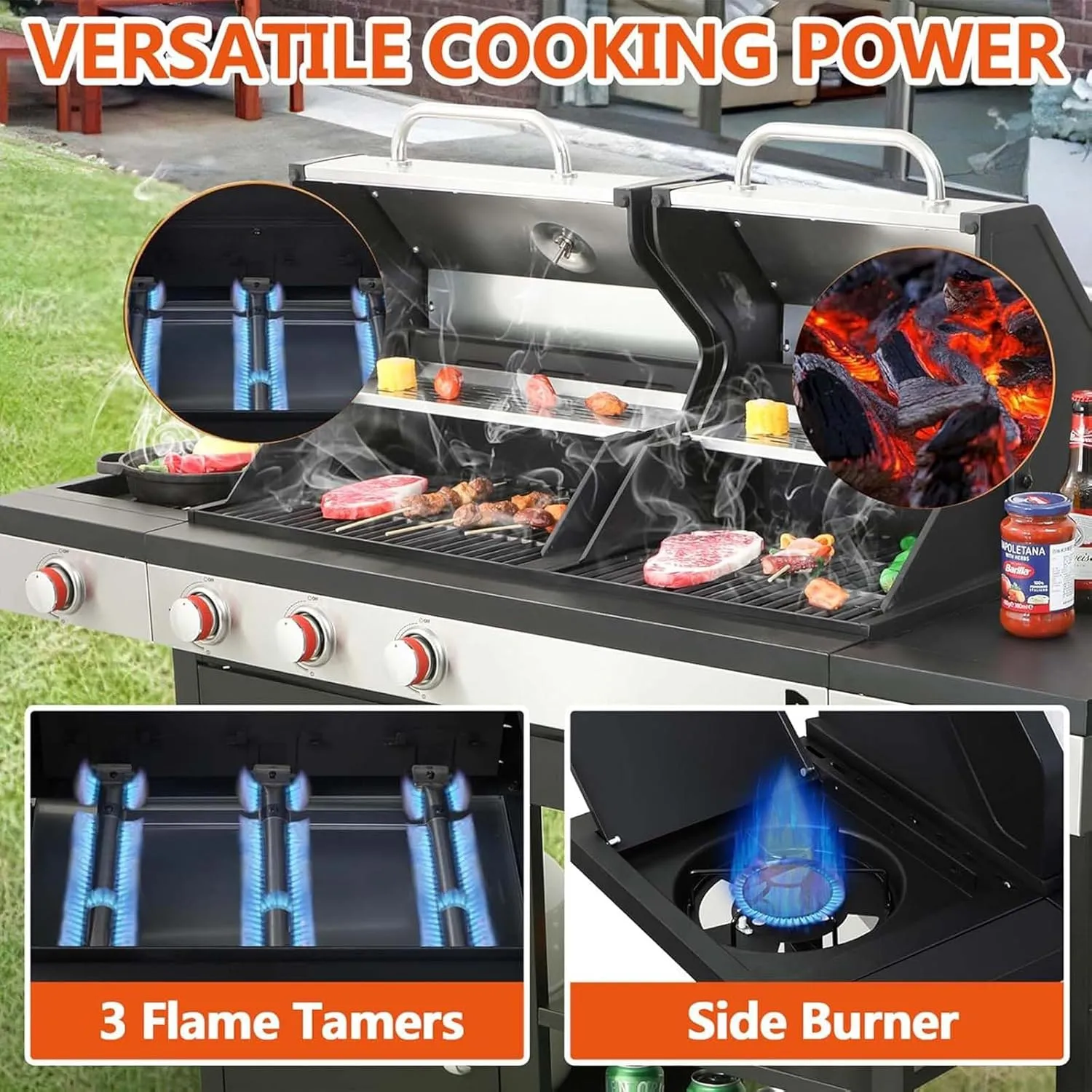3 Burner Propane Gas and Charcoal Grill Combo with Side Burner & Porcelain-Enameled Cast Iron Grates, 37230BTU Output Dual Fuel Outdoor BBQ Grill for Patio Garden Picnic Backyard Barbecue Cooking